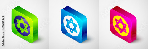 Isometric Star of David icon isolated on grey background. Jewish religion symbol. Symbol of Israel. Square button. Vector