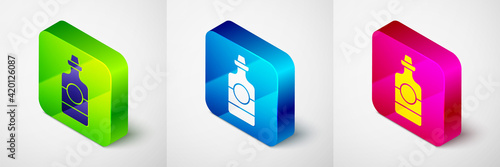 Isometric Tequila bottle icon isolated on grey background. Mexican alcohol drink. Square button. Vector