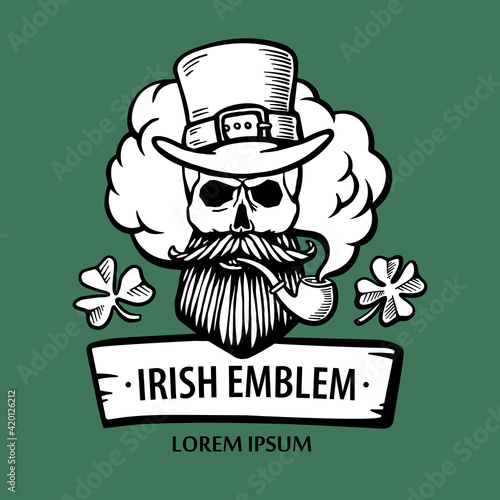 Hand-drawn irish skull with hat, mustache and beard and clover. leprechaum with pipe and cloud. Saint patrick. Vector. Stickers, logo, Emblem. isolated on white background.