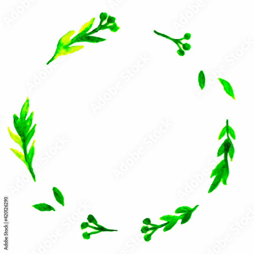 Incredibly beautiful little wreath and petals of the plant. Colors: green. Watercolor technique.