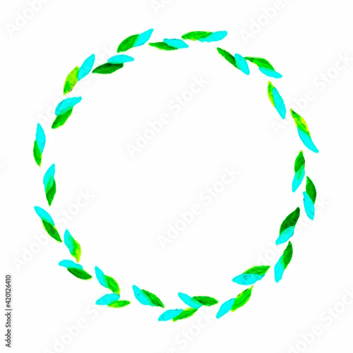 Incredibly beautiful medium wreath and petals of the plant. Colors: green, blue. Watercolor technique.