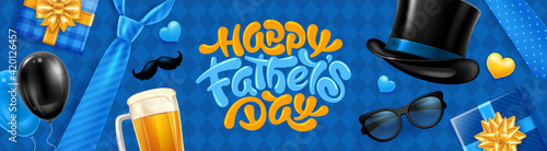 Happy Father's Day banner template with calligraphy lettering by brush, neck tie, gift boxes, glasses and other man subjects. Blue background with rhombic pattern. Vector illustration.