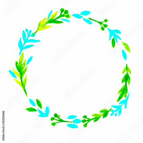 Incredibly beautiful medium wreath and petals of the plant. Colors: green, blue. Watercolor technique.