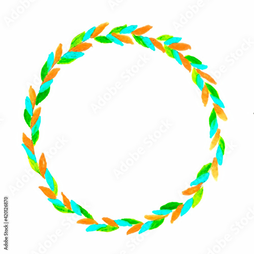 Incredibly beautiful large wreath and petals of the plant. Colors: green, blue, peach. Watercolor technique.