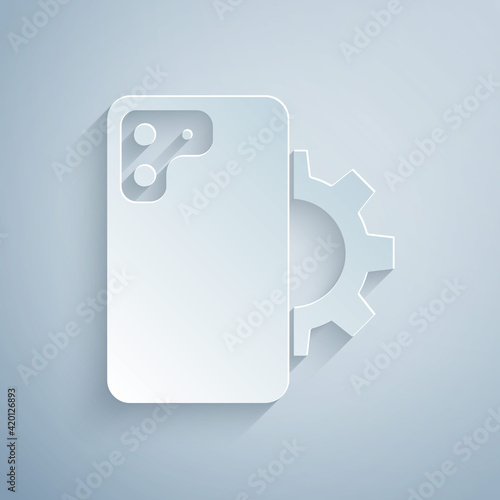 Paper cut Phone repair service icon isolated on grey background. Adjusting, service, setting, maintenance, repair, fixing. Paper art style. Vector