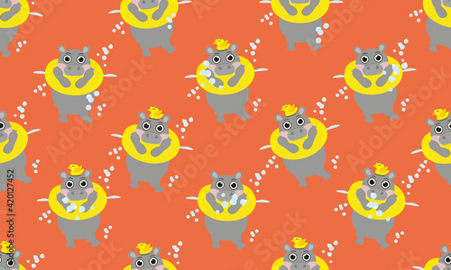 Seamless pattern with hippopotamus and duck. Vector illustration of a cute pond dweller. Swims in a circle  and a yellow bird sits on his head. Surface design in childish style for baby clothes 