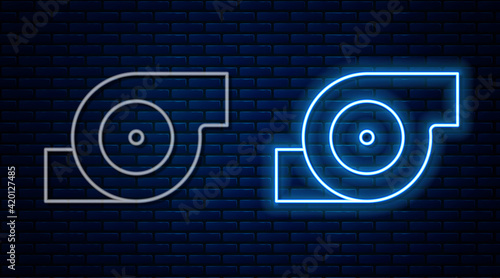 Glowing neon line Automotive turbocharger icon isolated on brick wall background. Vehicle performance turbo. Turbo compressor induction. Vector