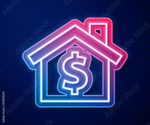Glowing neon line House with dollar symbol icon isolated on blue background. Home and money. Real estate concept. Vector