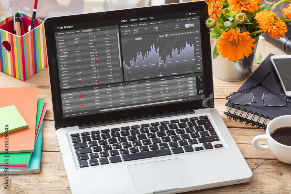 Trade platform, forex trading. Stock exchange market analysis on laptop screen Trade platform, forex trading. Stock exchange market analysis on laptop screen