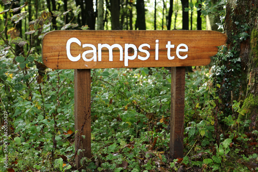 A wooden campsite sign in the middle of a forest
