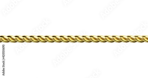 Golden rope. Pigtail. Metal rope. Golden wire rope or golden sling. Use for industrial or jewelry background. Hawser closeup on white background. 3D illustration.