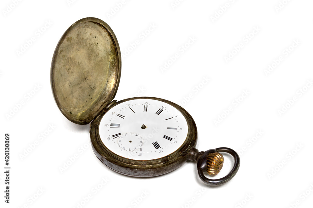 Old broken pocket watch isolated on white background. Old broken pocket watch isolated on white background.
