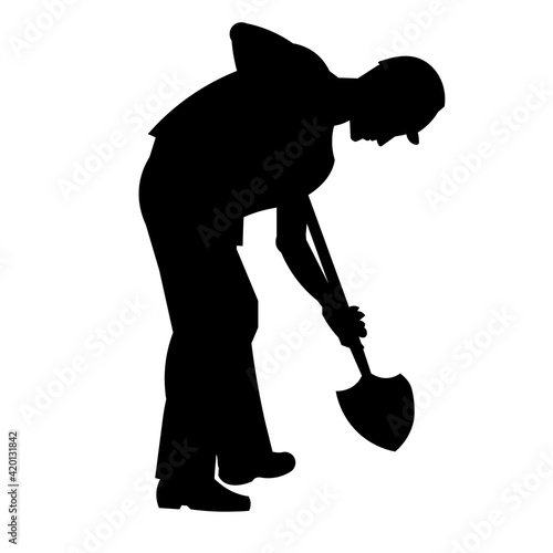Vector isolated silhouette of a worker in work clothes digging a hole with a shovel, profile view