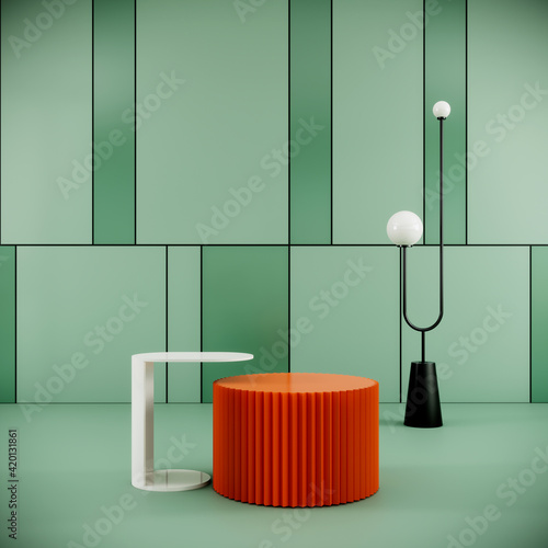 mock up modern green room interior background, orange table in green room, minimal style, 3D render, 3D illustration photo