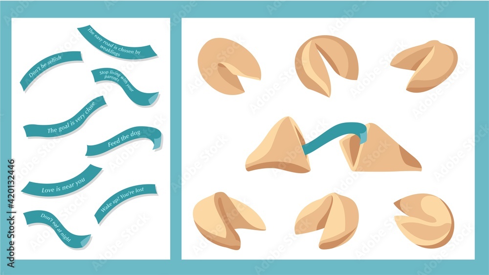 Chinese fortune cookie set. Vector illustration. Isolated on white. Food, dessert, good fortune theme design element. Chinese fortune cookie set. Vector illustration. Isolated on white. Food, dessert, good fortune theme design element.