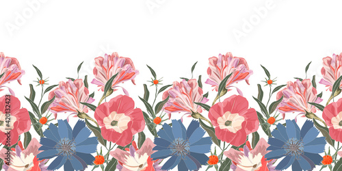 Vector floral seamless pattern, botder with cute blue and pink flowers. For romantic and easter design. Blue chicory, pink ipomoea with green leaves isolated on a white background.