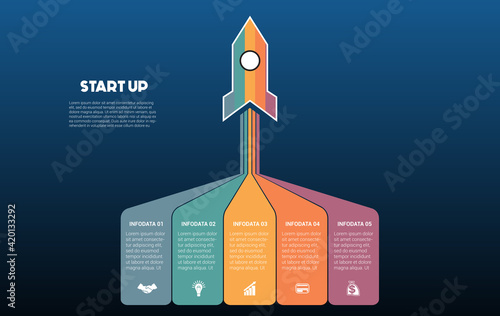 Startup infographic data template. 5 positions. Blue background. Launching rocket and colorful stripes with place for text