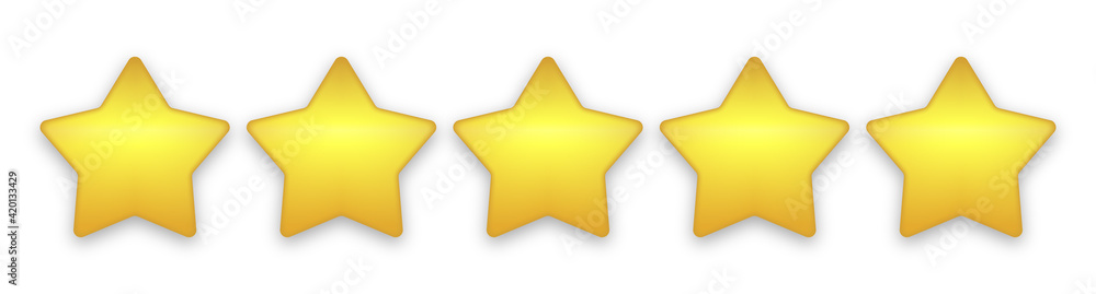 Realistic golden rating star set. Five gold stars review concept symbol. Isolated quality product stars icons on white background. Modern 5 premium yellow stars feedback with shadow. Vector design ill Realistic golden rating star set. Five gold stars review concept symbol. Isolated quality product stars icons on white background. Modern 5 premium yellow stars feedback with shadow. Vector design ill