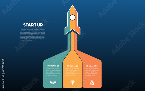 Startup infographic data template. 3 positions. Blue background. Launching rocket and colorful stripes with place for text