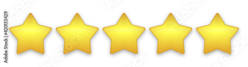 Realistic golden rating star set. Five gold stars review concept symbol. Isolated quality product stars icons on white background. Modern 5 premium yellow stars feedback with shadow. Vector design ill