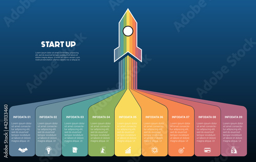 Startup infographic data template. 9 positions. Blue background. Launching rocket and colorful stripes with place for text