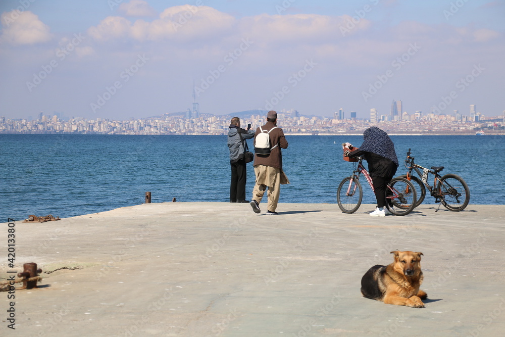 Fototapeta premium selective focus. Tourists enjoying the beautiful weather in Buyukada, Istanbul