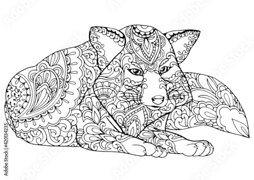 Black and white fox coloring page, postcard, illustration, post card, greeting card hand drawn sketch isolated vector illustration anti stress freehand sketch drawing with doodle and zentangle element