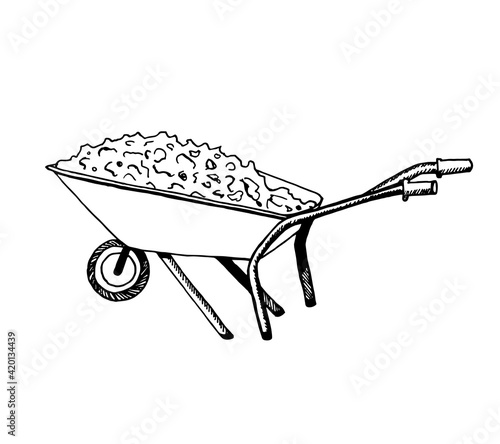 Filled garden cart, contoured construction wheelbarrow icon in doodle style. Vector illustration of a cart sketch for print, web, mobile, and infographics, isolated on a white background.