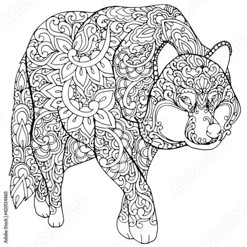 Black and white wolf coloring page, postcard, illustration, post card, greeting card hand drawn sketch isolated vector illustration anti stress freehand sketch drawing with doodle and zentangle 