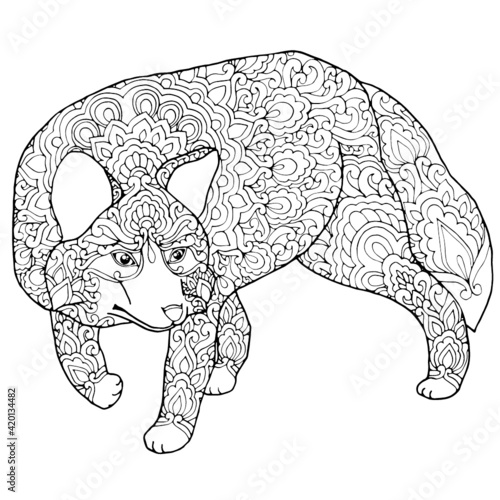 Black and white fox coloring page, postcard, illustration, post card, greeting card hand drawn sketch isolated vector illustration anti stress freehand sketch drawing with doodle and zentangle element