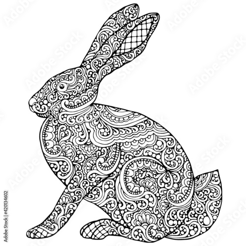 Black and white Bunny coloring page, postcard, illustration, post card, greeting card hand drawn sketch isolated vector illustration anti stress freehand sketch drawing with doodle and zentangle 
