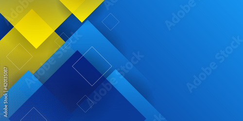 Modern geometric abstract background. Bright yellow banner with blue stripes stripes, textured background. Business template. Geometric yellow background with square pattern