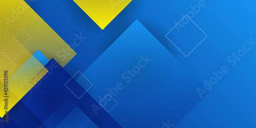 Modern geometric abstract background. Bright yellow banner with blue stripes stripes, textured background. Business template. Geometric yellow background with square pattern