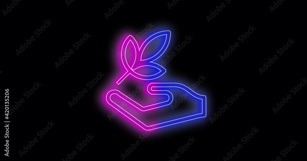 Glowing neon line Hands with sprout icon isolated on black background. eco farming Symbol of spring and ecology concept. 4K video animation graphics Glowing neon line Hands with sprout icon isolated on black background. eco farming Symbol of spring and ecology concept. 4K video animation graphics