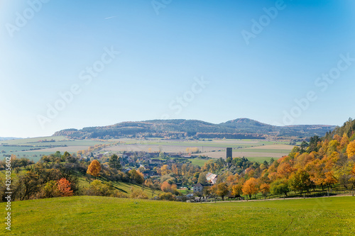 Scenic view of ancient ruins of gothic and renaissance medieval royal castle, autumn landscape, sunny day, fortresses on hill, stronghold Zebrak, Central Bohemia, Czech Republic