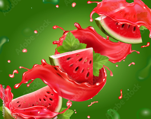 Watermelon juice on green background. Fresh watermelon fruit slices. 3d realistic vector