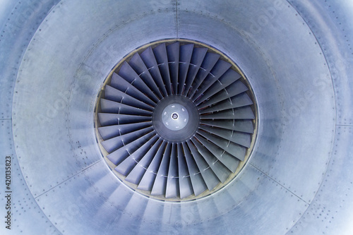View into an airplane engine with fan blades