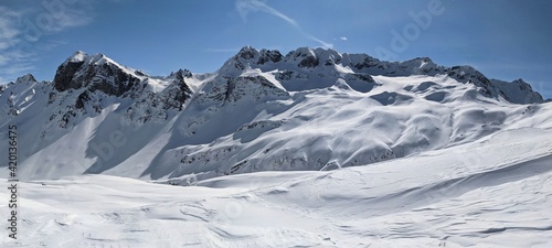  large mountain panorama picture. View of the Ducan Glacier above Davos, Sertig and Monstein. Beautiful winter landscape © SimonMichael
