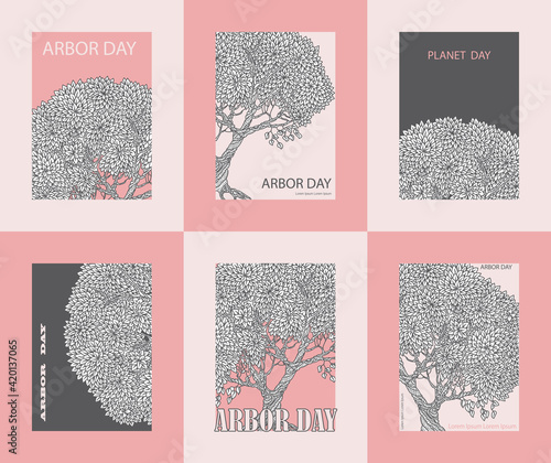 Set of vector Arbor day greeting and invitation cards with grey tree  foliage contour doodle sketch on the pink and beige background. Earth Day print