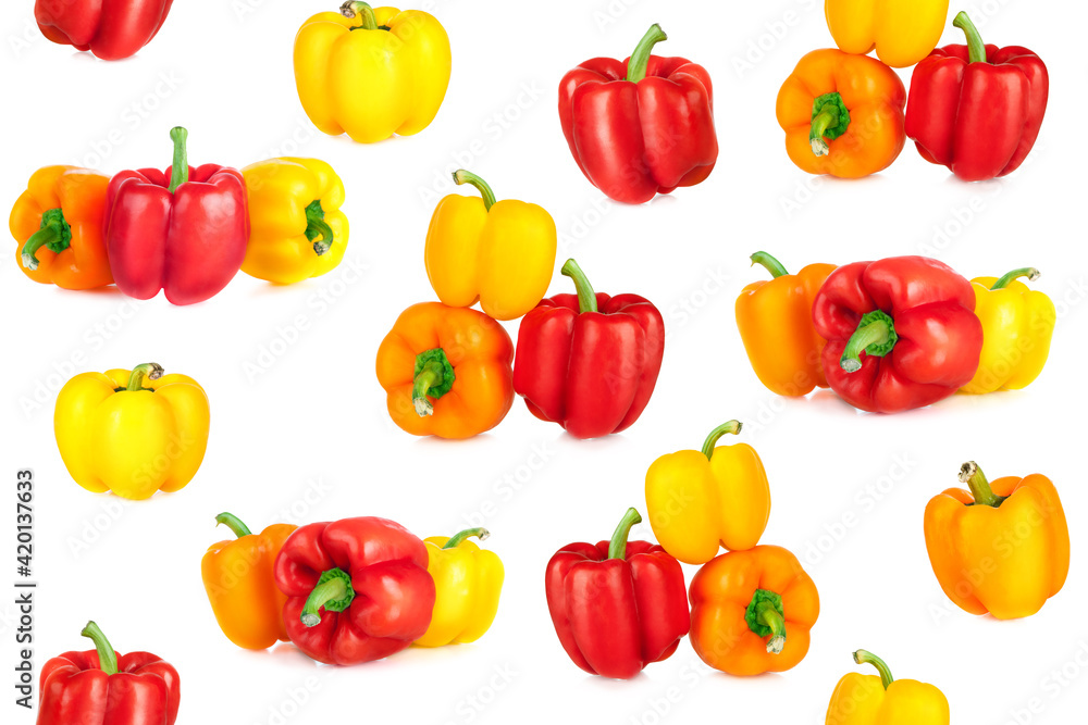 Seamless pattern of colorful sweet peppers isolated on white background. Yellow and red bell peppers. Flat lay. Top view. Wallpaper Seamless pattern of colorful sweet peppers isolated on white background. Yellow and red bell peppers. Flat lay. Top view. Wallpaper