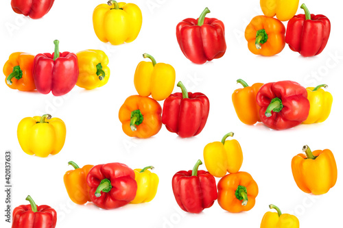 Seamless pattern of colorful sweet peppers isolated on white background. Yellow and red bell peppers. Flat lay. Top view. Wallpaper