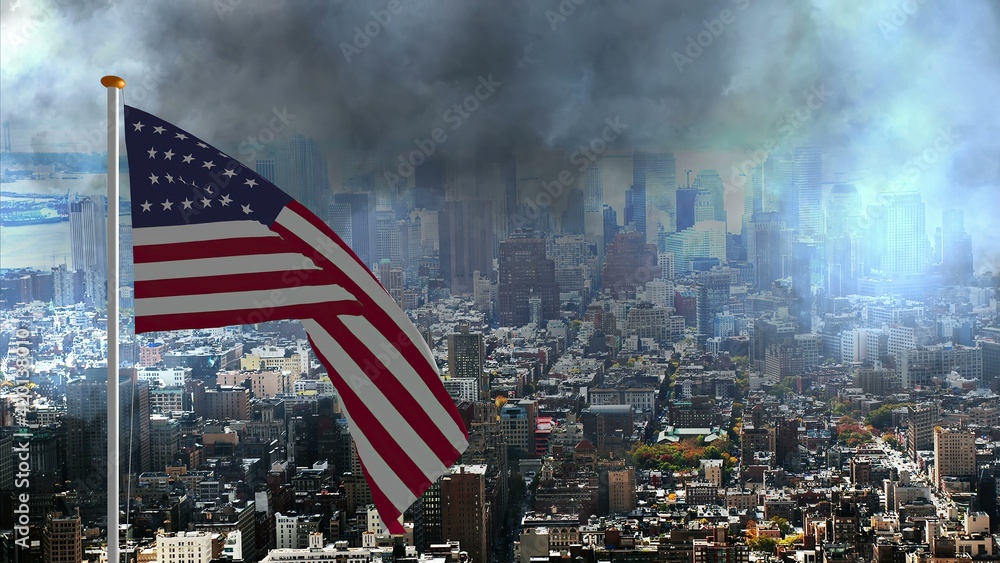 Obraz premium USA flag against storm in big city