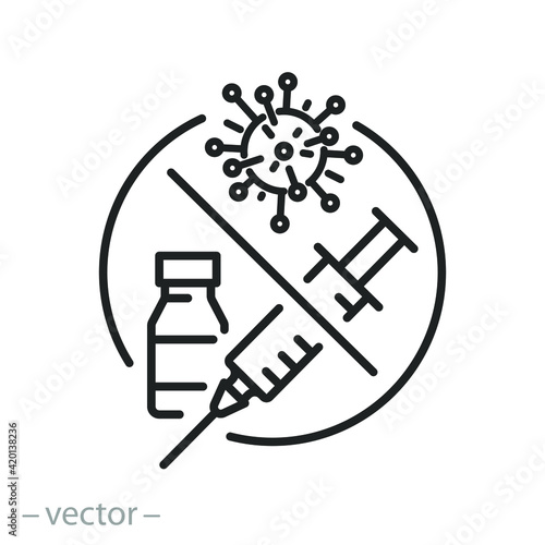 vaccine covid19 forbidden, prohibition vaccination, refuse injection with syringe, anti immunization, thin line symbol on white background - editable stroke vector eps10