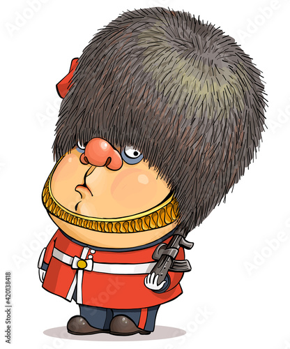 Funny cartoon vector. Illustration of a cute British guardsman wearing a Buckingham Palace bear hat.