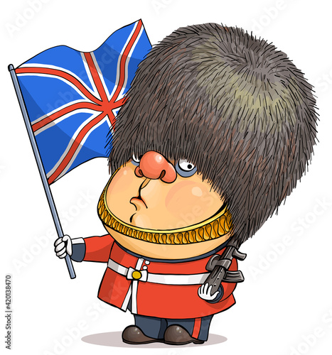 Funny cartoon vector. Illustration of a cute British guardsman wearing a Buckingham Palace bear hat holding a United Kingdom flag