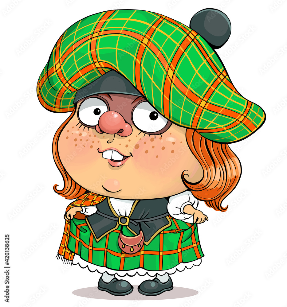 Funny cartoon vector. Illustration of a lovely British girl in Scottish