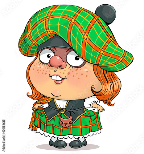 Funny cartoon vector. Illustration of a lovely British girl in Scottish national dress.