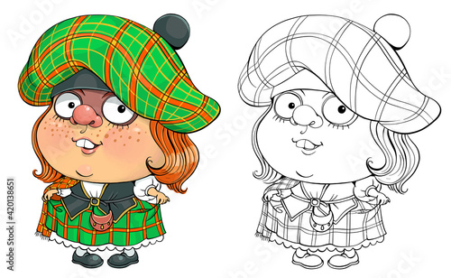 Vector cartoon for coloring. Funny illustration of a pretty Scottish woman in national costume.