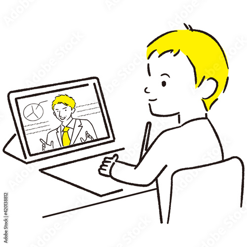 手描き1color  子供　男の子　タブレットで学習　