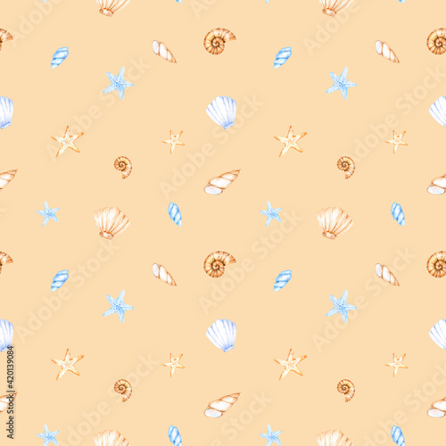 Wallpaper Mural Watercolor marine pattern from multi-colored assorted seashells and corals for design and decoration on beige. Great for cards, posters, coupons, baby products, decorative paper, and any design. Torontodigital.ca